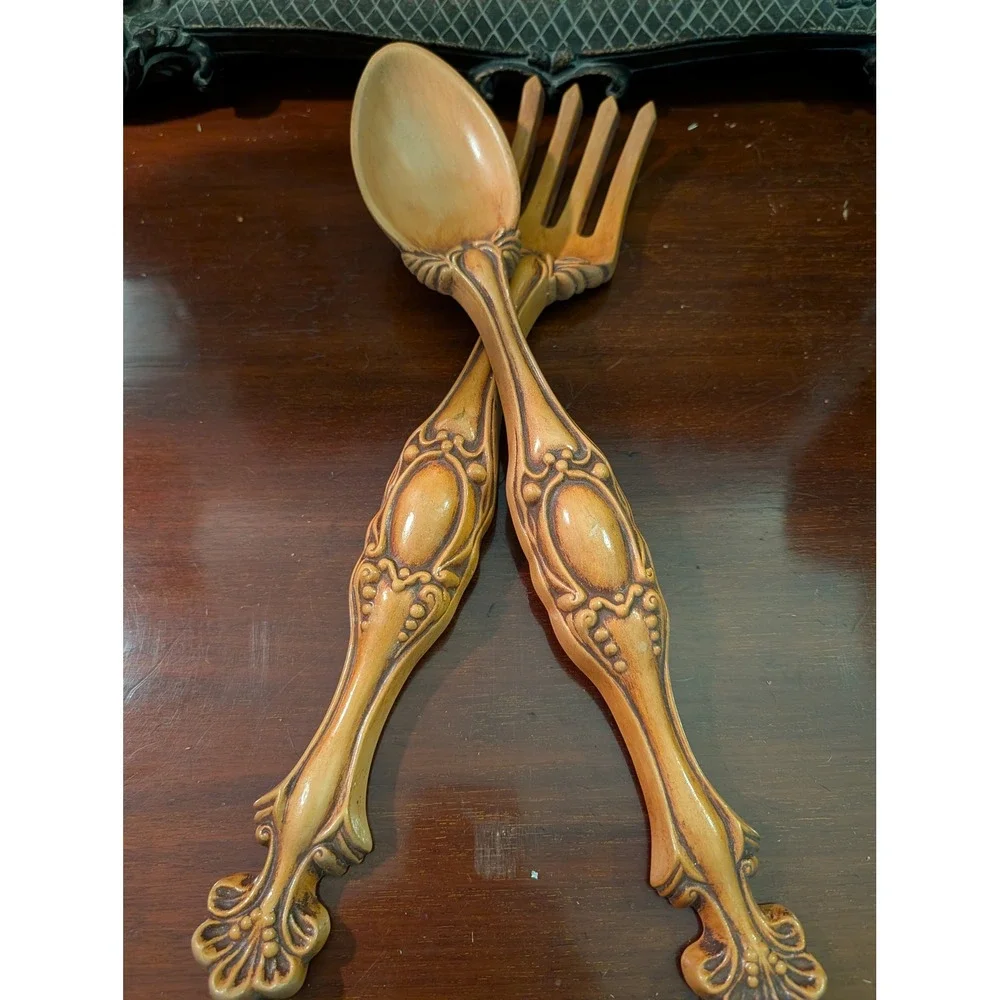 Vintage 1961 Large Ceramic 16in Fork and Spoon Wall Decor Set Faux Wood